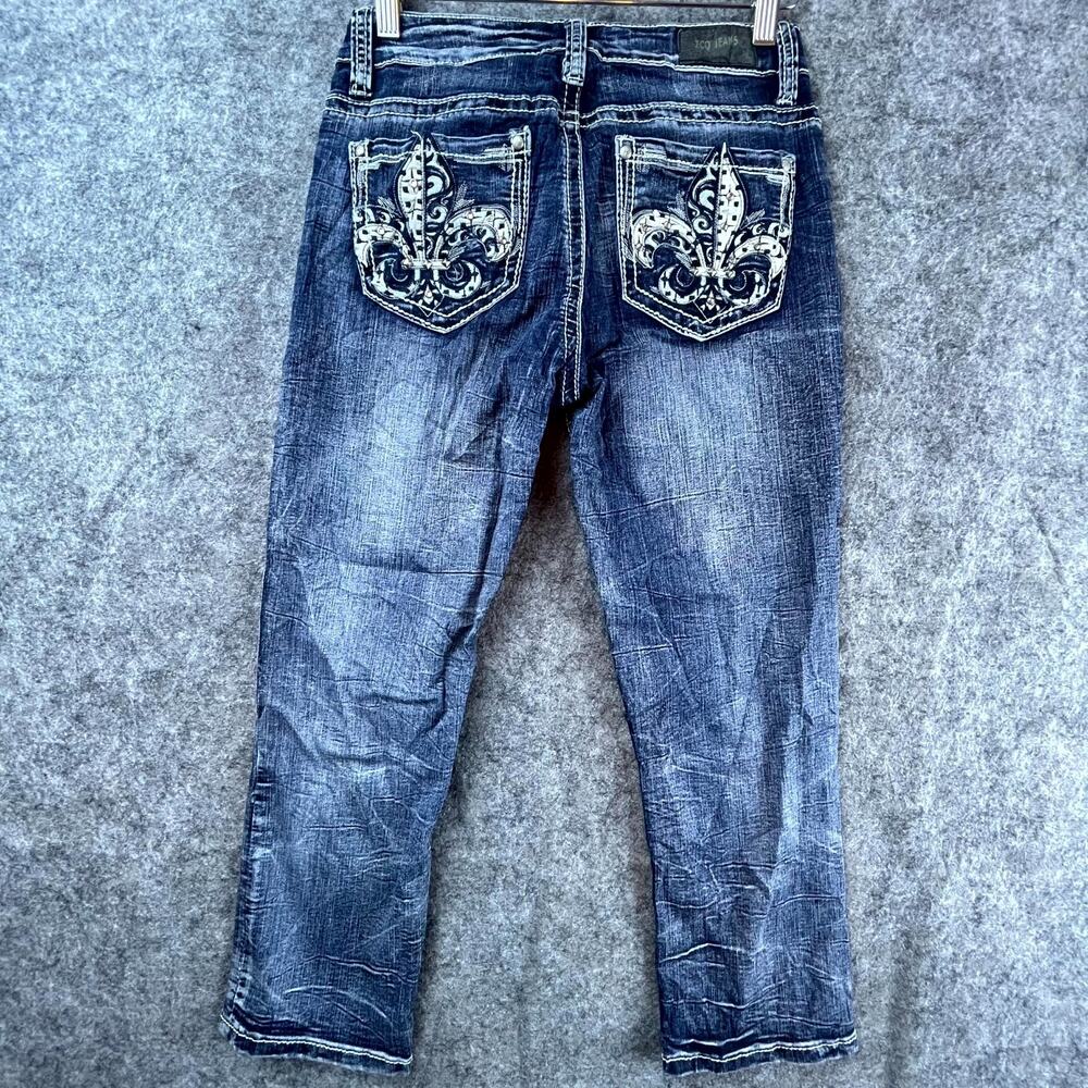 Zco Jeans Womens 7 Blue Y2K Cotton Stretch Embellished Fleur De Lis Low Rise